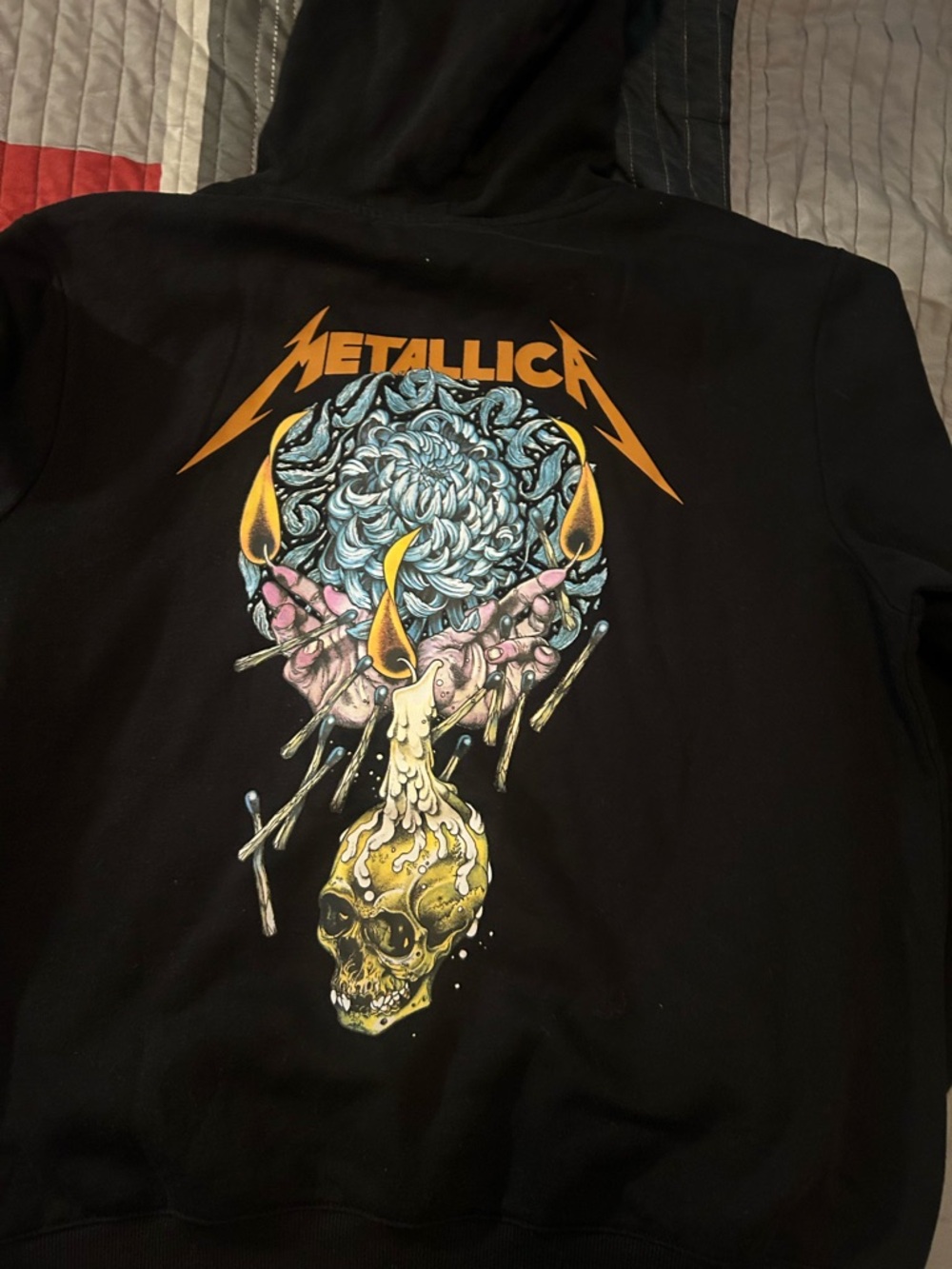 Metallica Black Graphic Hoodie with Yellow & Blue Candle Skull Design